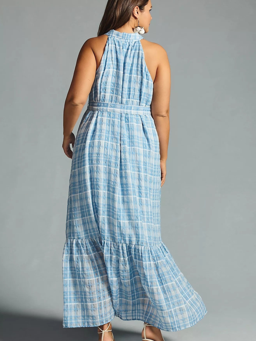 Anthropologie Sleeveless Light Blue Plaid Button-Front Maxi Dress - Picture 3 of 9